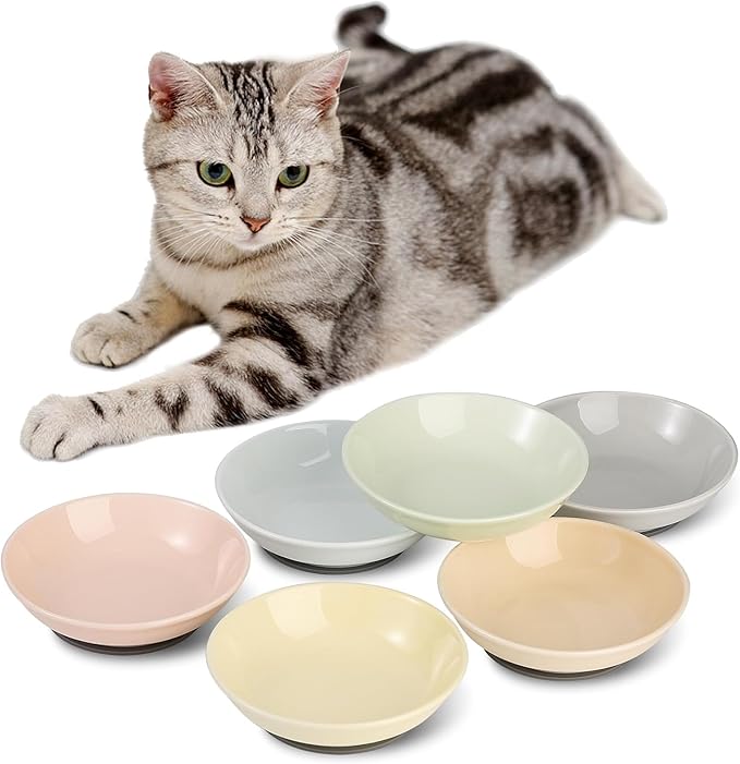 Ceramic Cat Food Bowl Set - 5.6 inch Colorful Cat Feeding Bowls with Non Slip Pads - Wide Shallow Whisker Friendly Plates Cute Dish - Microwave and Dishwasher Safe - 6 Pack - 5.3 oz