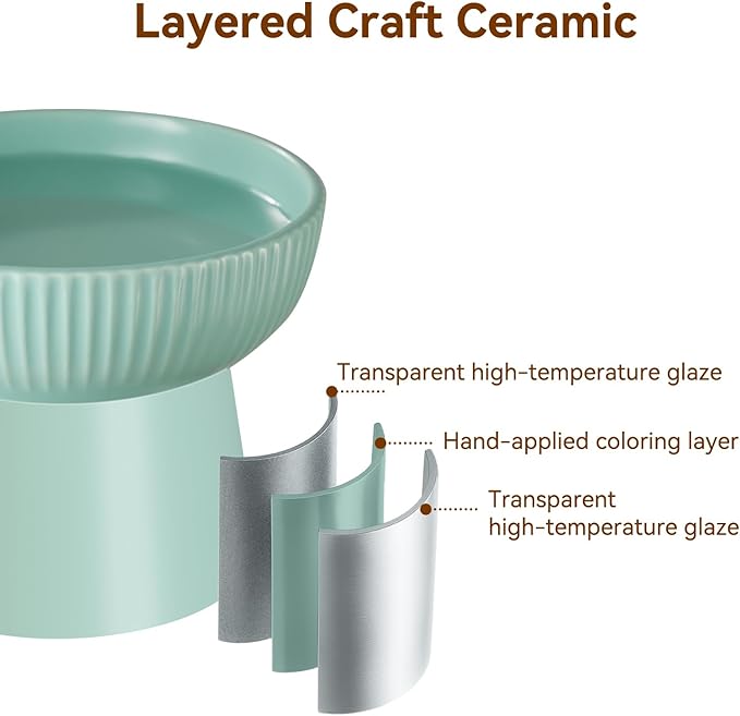 Ceramic Elevated Cat Bowls-Water Bowl, 15° Tilted Design, Anti-Vomiting & Spine Protection, Prevent Whisker Fatigue for Kittens to Adult Cats and Small Dogs (Green-15° Cat Bowls-2)