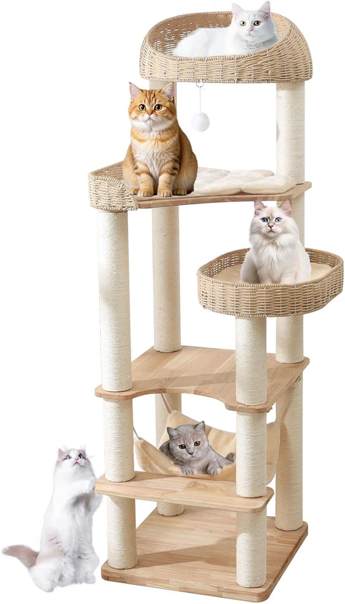 Wooden Cat Tree for Indoor Cats, 62-Inch Tall Cat Tower with Scratching Post for Large Cats, Solid Wood Cat Condo with Handwoven Basket, Modern Cat Tree Tower with Hammock, Easy to Clean