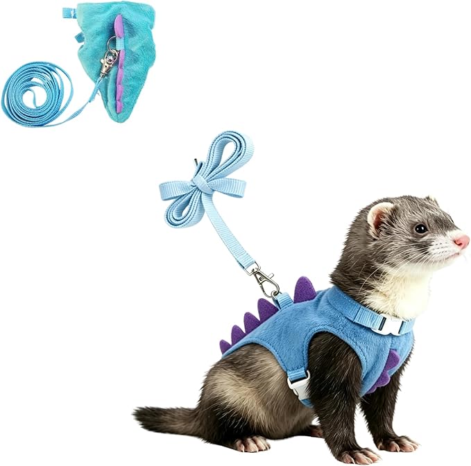Ferret Harness and Leash Set Cute Dinosaur Design Soft Mesh Small Pet Harness Vest with Safe Bell Walking Clothes for Small Animals Ferret Rabbit Guinea Pig Squirrels (Blue)