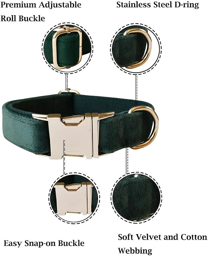 Velvet Dog Collar and Leash Set with Quick Release Metal Buckle | Bright & Stylish Leash and Collar Set, Soft Heavy Duty Pet Collars Adjustable for Samll Medium Large Dogs or Cats