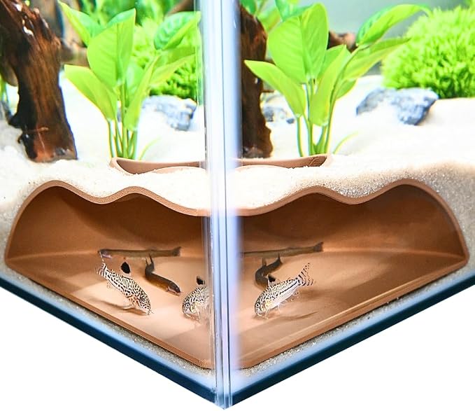 Aquarium Underground Corner Cave Natural Curve | Viewing Fish & Shrimp Under Gravel Tunnel | Fish Tank Decor Decoration Hideout Perfect for Corydora Catfish, Kuhli Loach, Pleco (Brown)