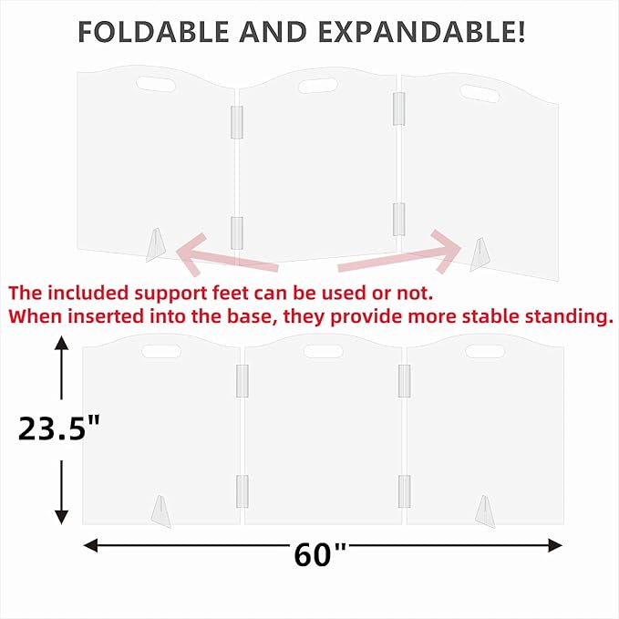 Clear Freestanding Dog Gate - 3 Panel Foldable Pet Gate for Doorways No Drilling Needed, Transparent Puppy Fence with Support Feet, Indoor Dog Barrier for Home Safety (60" W x 23.5" H)