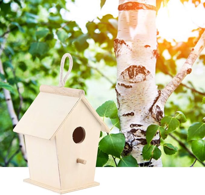 Bird House for Outside,Wooden Bird Houses,Unfinished Hanging Birdhouse,Garden Patio Decorative Nest Box Bird House,for Wrens, Swallows, Finches, Chickadee