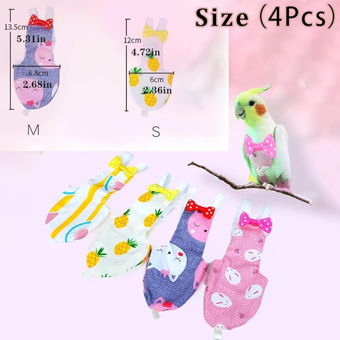 Bird Clothes, 4-Pack Reusable Bird Diapers with Adjustable Strap for Small and Medium Parrots, Cockatiels, Lovebirds, Parakeets (M)