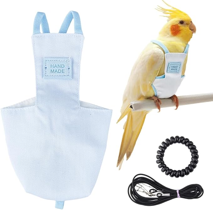 SUPERFINDINGS Snap Closure Parrot Diaper with Adjustable Leash Reusable Bird Flight Suit 2.09Inch Leash Small Parakeet Harness Small Bird Flight Suit Diaper for Indoor Outdoor Training Light Sky Blue