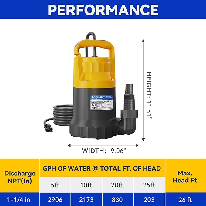 Acquaer 1/2HP Sump Pump, 2906GPH Submersible Water Pump for Water Removal in Hot Tubs, Pools, Basements, and Garden Ponds