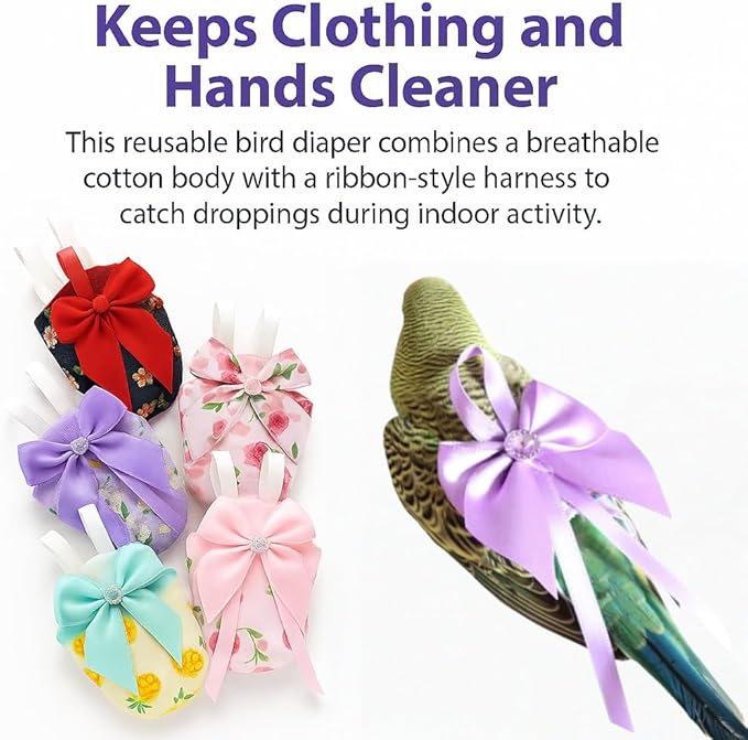 6pcs Bow Bird Diaper Set, Soft Reusable Flight Suit Clothing for Parrots Budgies Cockatiels — Cleaner Indoor Bonding & Training (M)