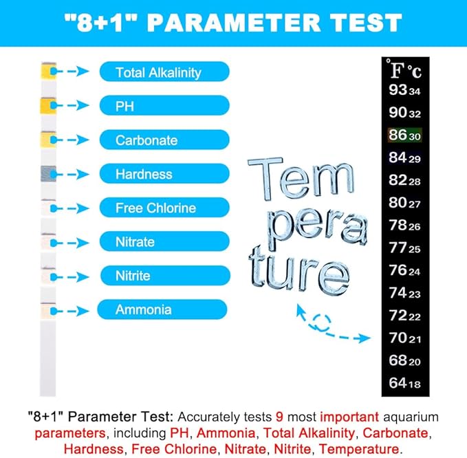 DaToo 8 in 1 Aquarium Test Kit Fish Tank Test Strips Accurate Water Quality Testing Strips for Ammonia PH Total Alkalinity Carbonate Hardness Free Chlorine Nitrate Nitrite Temperature (150 Strips)