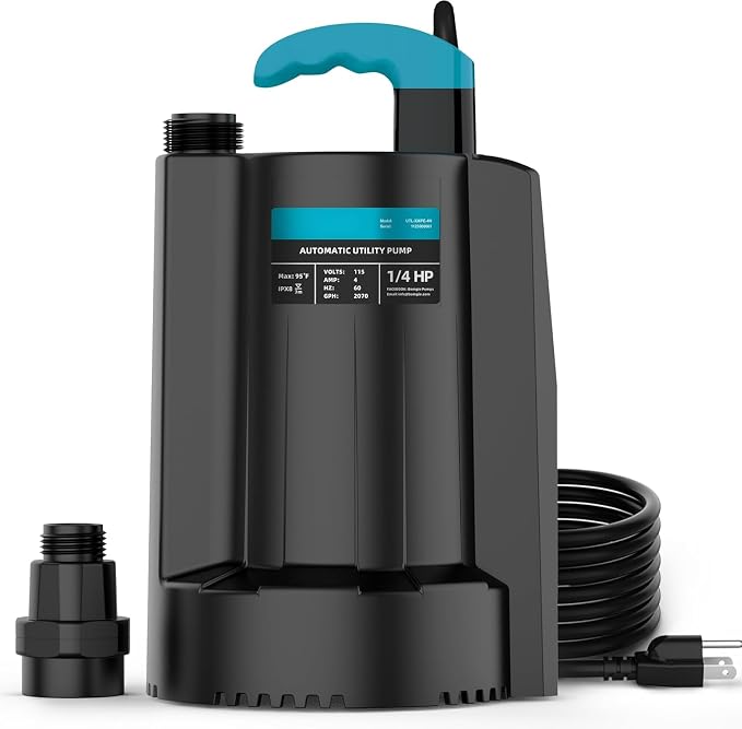 LEO 1/4 HP Automatic Sump Pump, 2250GPH Submersible Utility Pump, 10ft Cord | Water Pump with 3/4” Garden Hose Check Valve Adapter, Water Removal for Pool Draining Basement Hot Tubs Garden