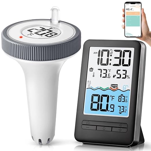 HEYAXA Wireless WiFi Pool Thermometer with 4-Inch Digital LCD Display, IPX8 Waterproof Floating Pool Thermometer, Real-Time Water Temperature Monitor for Swimming Pool, Spa, Hot Tub & Pond