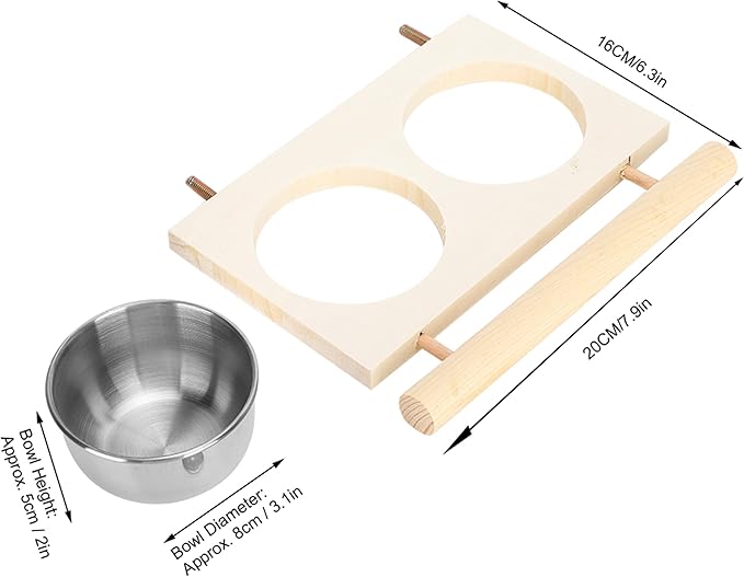 Bird Food Stainless Steel Cups, Parrots Feeding Dish Cups with Wooden Platform, Stainless Steel Food Water Feeder Cage Accessory with StandDouble Bowl