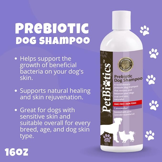 Petbiotics - Prebiotic Lavender Dog Shampoo - Gentle, All-Natural & Organic Dog Wash for Sensitive Skin, Promotes Healthy Skin Microbiome - 16 oz.