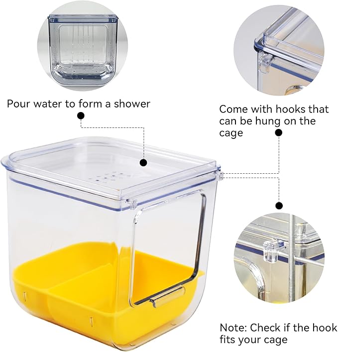 PINVNBY 2 in 1 Bird Bath for Cage,No Mess Parrot Bath Feeder with Hooks Hanging Parakeet Caged Bathing Tubs Multifunction Cube Budgie Shower Box for Canary Cockatiel Lovebird