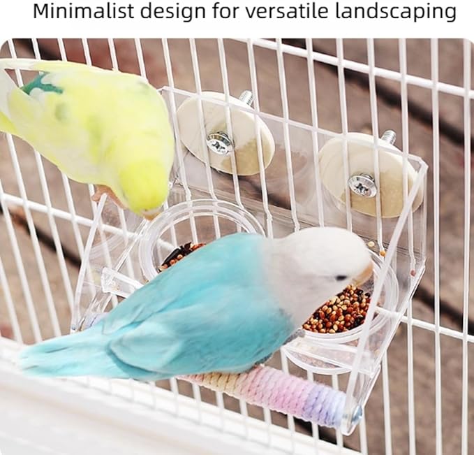Seed Catcher Bird Feeder No Mess - Dual Bowl Cage Mount with Clear Acrylic, Colorful Hemp Rope Wrapping Wood Perch & Removable Acrylic Cups - for Budgies, Finches, Canaries, Parrotlets, Conures