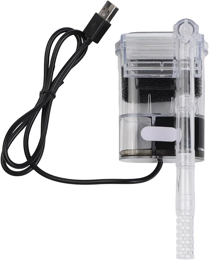 USB Aquarium Filter External for hang-on Back Waterfall for 3-5mm Glass Tanks, Adjustable Flow 250L/H Quiet Circulation Pump with Large for media Compartment, Clear Plastic