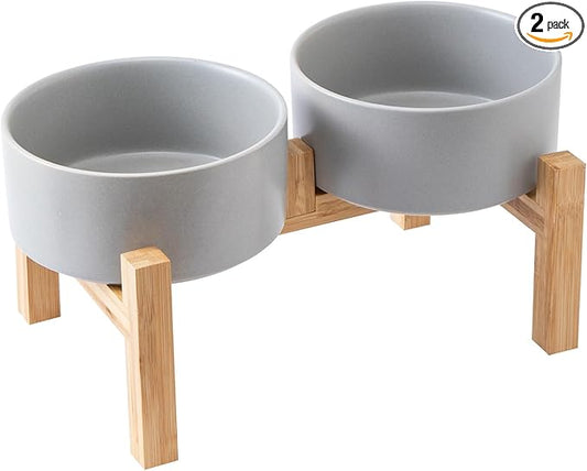 Raised Ceramic Dog Bowl Set - Elevated Dog Bowls with Non Slip Bamboo Stand, Food and Water Bowl Set for Small and Medium Breed Dogs, Pet Bowls, Weighted Dogs Dishes (6'', 2 * 30OZ, Grey)