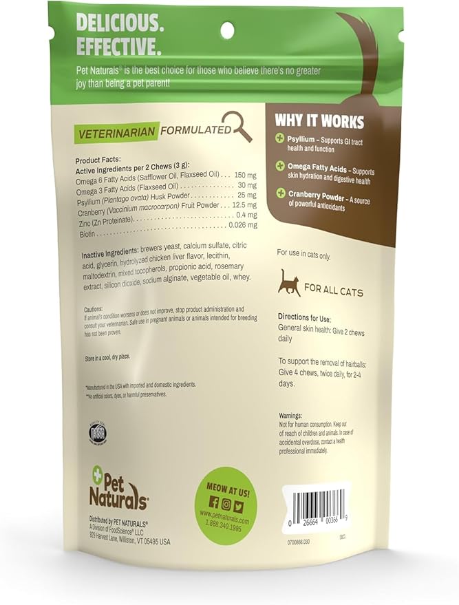 Pet Naturals Hairball Relief for Cats, 30 Chicken Liver Flavored Soft Chews, Hairball Treatment with Psyllium, Omega 3 & 6, Zinc and Biotin, Supports Digestion & Skin Coat, No Corn or Wheat