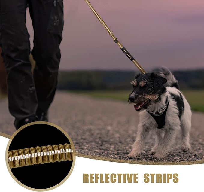 Raipult Tactical Dog Leash Heavy Duty, 4-6FT Shock Absorbing Bungee Leash with Quick Release Clip& 2 Handles, No Pull Waking Lead with Car Seatbelt for Medium Large Dogs that Pull,Khaki