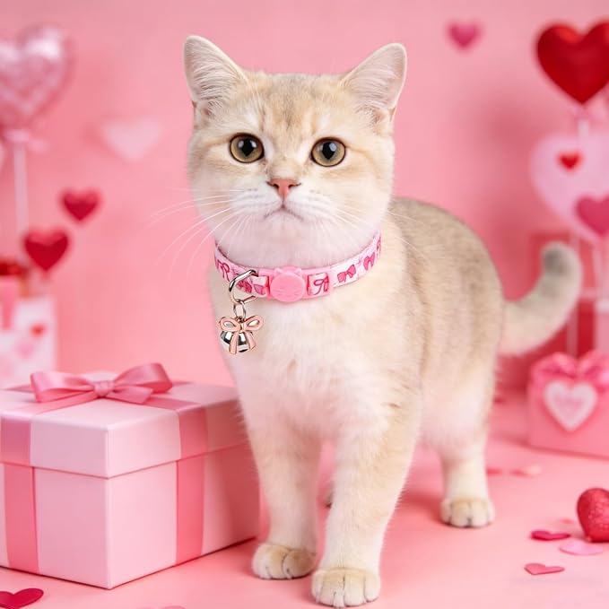 SCENEREAL Breakaway Cat Collar with Bell, 3 Pack Adjustable Safety Pink Cat Collar for Boy and Girl Cats, Cute Kitten Collar for Kitty Puppy Small Pets, Bow & Plaid & Heart