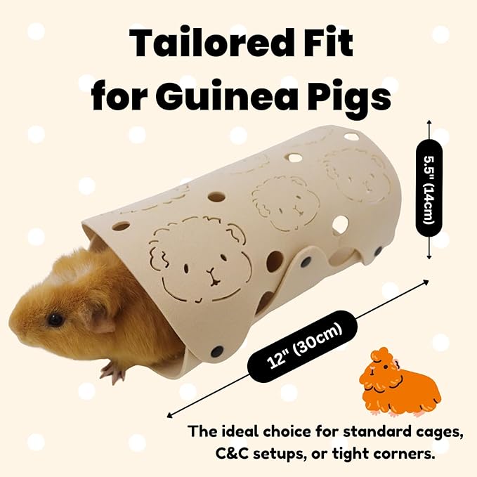 Guinea Pig Tunnel, Washable Felt Hideout for Small Cage, Durable & Breathable Small Pet Tube Toys for Zoomies, Popcorning & Resting - Cute Piggy Face Design-Beige