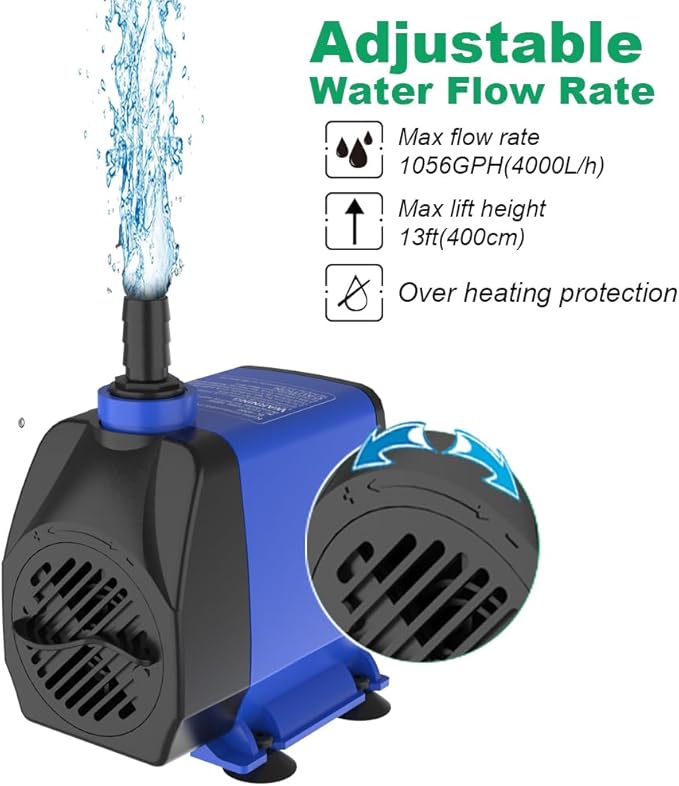Knifel Submersible Pump 1056GPH (4000L/H 85W) Ultra Quiet with Over Heating Protection 9.8ft Power Cord for Fountains, Hydroponics, Ponds, Aquariums & More…