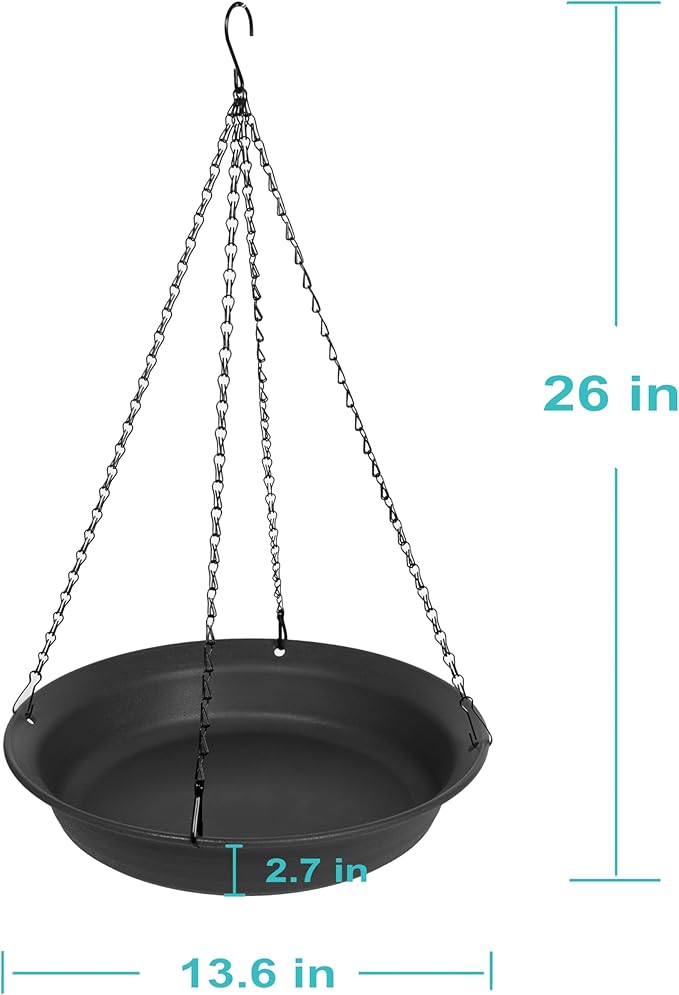 VUWEZ Hanging Bird Bath, Hanging Bird Water Feeder for Outdoors, Feeder Bowl, 1 Pack Birdbath Tray Accessories for Outside, Plastic Birdbaths Tray for Garden Patio Decoration (14", Dark Black)