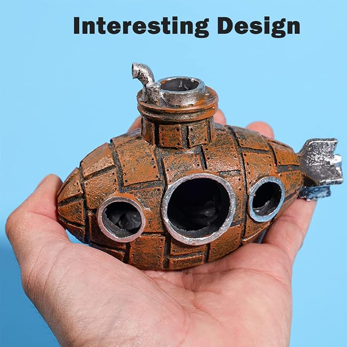 Submarine Aquarium Ornament, Resin Fish Tank Hideout Cave for Shrimp | Compact fish tank cave decor for small fish and shrimp in freshwater and saltwater aquariums