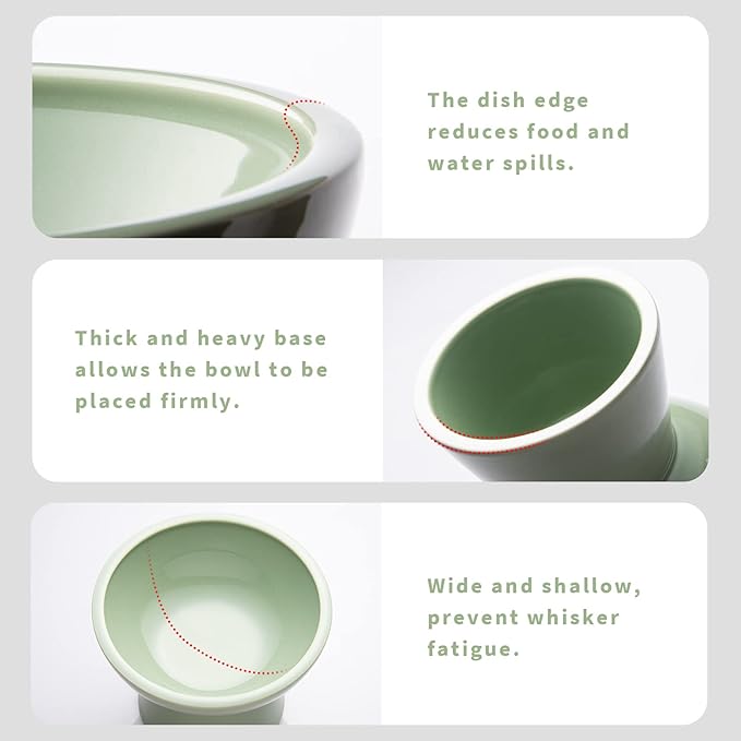 CEEFU Extra Wide Elevated Ceramic Cat Bowl, 6.2" Shallow Dish for Whisker Fatigue Relief, 5" Height for Easy Feeding, Durable Raised Cat Food Bowls, Pack of 2, Sage Green