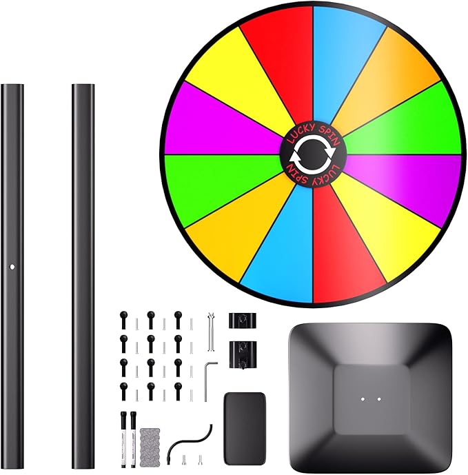 24" Prize Wheel - Dual Use Tabletop or Height Adjustable Floor Stand Heavy Duty Spinner Wheel of Fortune with 12 Slots & Dry Erase & Eraser for Carnival, Trade Show, Fortune Spinning Game