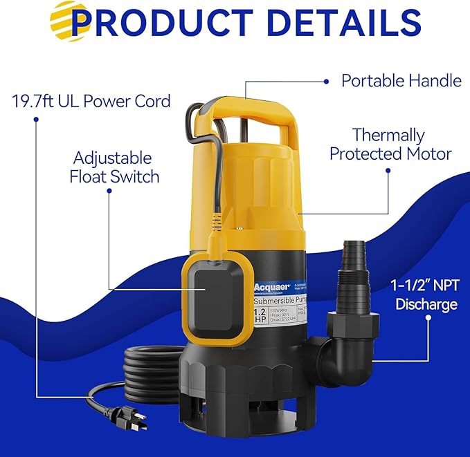 Acquaer 1.2HP Sump Pump 5722GPH Submersible Pump with Automatic Float Switch, Clean/Dirty Water Removal for Basement, Hot Tub, Pools, Garden Pond