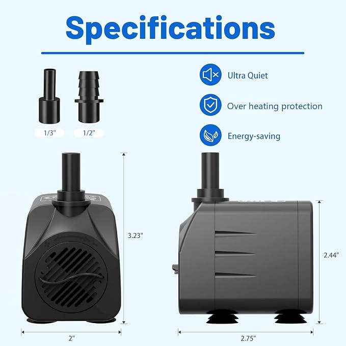 Submersible Water Pump, Ultra Quiet 200GPH Fountain Pump | 5.2ft High Lift Over Heating Protection, Water Pump for Fish Tank, Small Pond, Aquarium, Hydroponics