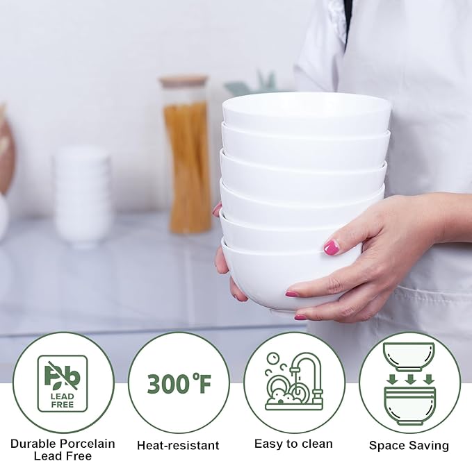 AntoKueh Large 6-Inch Ceramic Bowls Set of 6, 26oz Deep Porcelain Bowls for Cereal, Salad, Noodles - Dishwasher & Microwave Safe, White