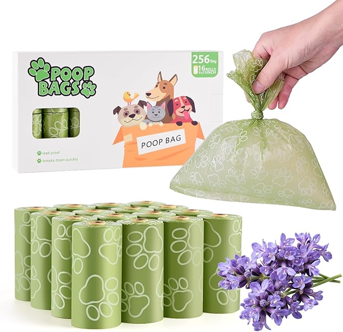 Poop Bags Rolls 256 Count - 9x13 Inches Green Thickened Leakproof Lavender scent Poo Bags for Dogs, Eco-Friendly Pet Waste Bags for Walking,Travel,Home