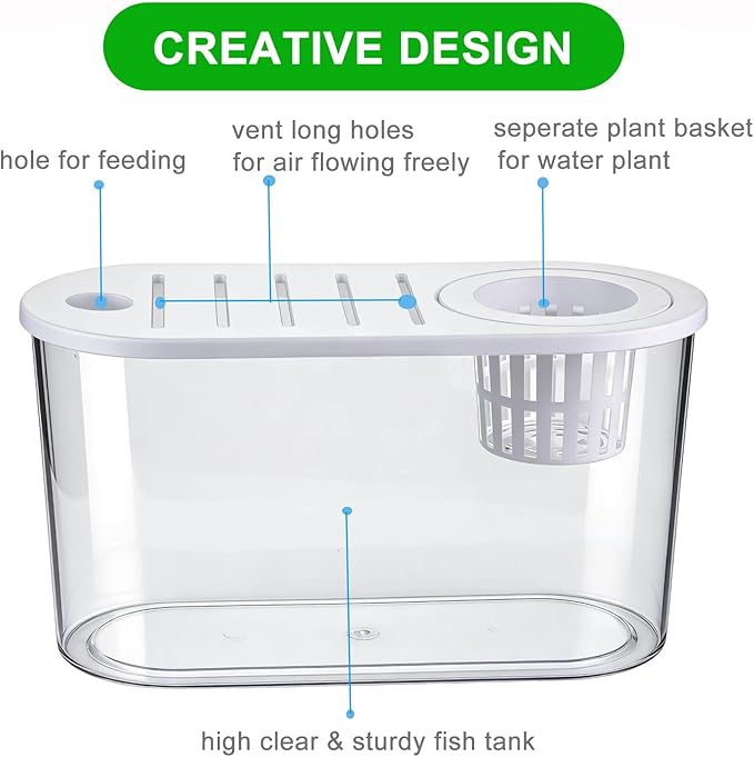 1.2 Gallon Betta Fish Tank, Desktop Aquarium with Lid & Plant Basket, Shatterproof Plastic Fish Bowl for Home Office Dorm Decor