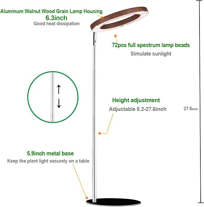 144 LEDs Plant Grow Light for Indoor Plant,Walnut Wood Grain Aluminum LED Grow Light with Black Base, Height Adjustable,6.3" Aluminum Housing,Automatic Timer with 8/12/16 Hours,2 Pack