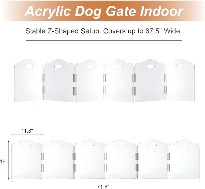 Transparent Acrylic Dog Gate Indoor, Free-Standing Pet Gate, 16" Height (Size S) Foldable 6 Modular Panels, Dog Fence for Doorways, Hallways, Stairs, No Drilling, Perfect for Puppies and Small Pets
