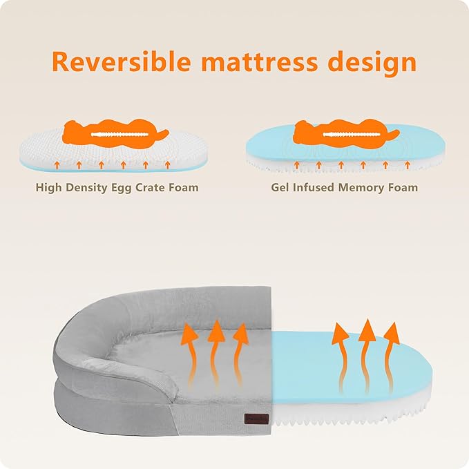 Dwanton Orthopedic Dog Bed for Medium Dogs with Gel Memory Foam, Waterproof Dog Sofa, Washable Pet Bed with Four Sided Bolster Cushion, Removable Cover & Non-Slip Bottom, 36", Light Gray