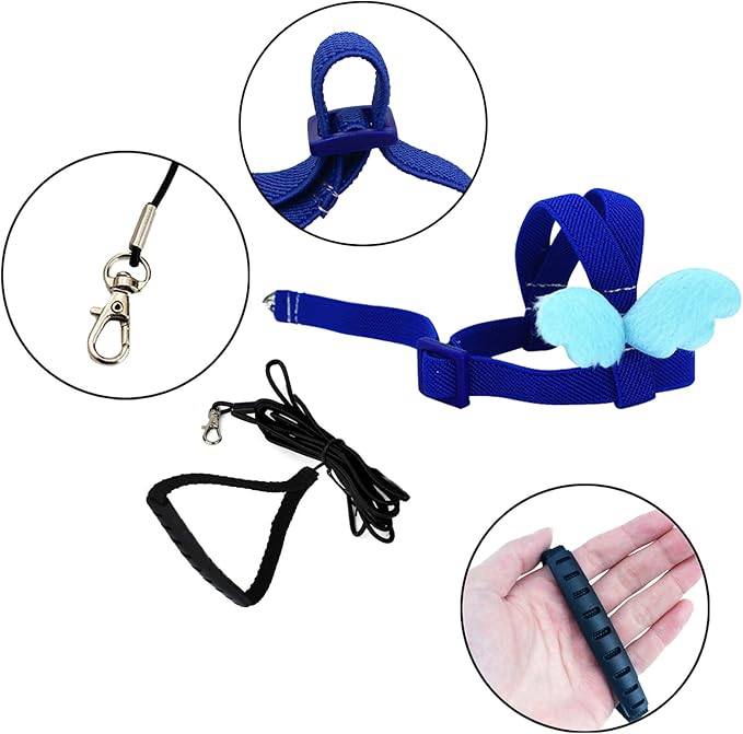 Cockatiel Harness and Leash, Adjustable Parrot Bird Training Design Anti-Bite, Bird Nylon Rope with Cute Wing for Cockatiel and Same Size Birds (L, Blue)