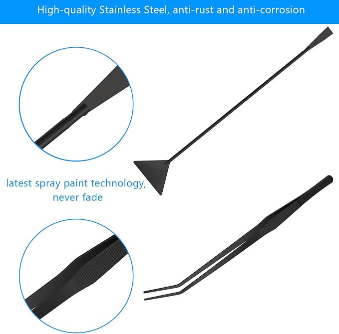 15" Aquarium Aquascape Tools Kit 4P Stainless Steel Aquascaping Set | 4in1 Extra Long Full Metal Design, Scissors, 2P Tweezers And Sand Spatula, For Trimming Plants, Arranging Sand And Aquascape
