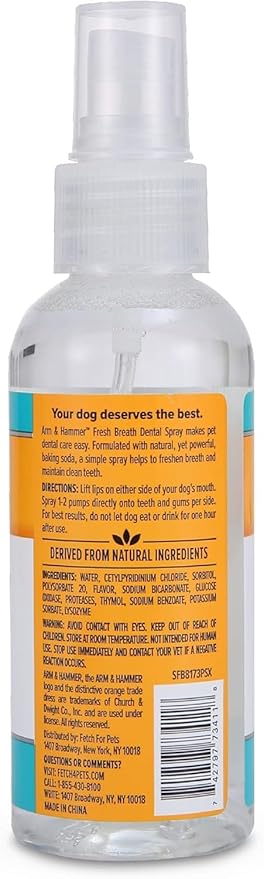 Arm & Hammer for Pets Dog Oral Care Spray, Mint Flavor Breath Freshener with Baking Soda for Brushless Plaque and Tartar Support, Easy Daily Dental Maintenance for Adult Dogs, 4 Fl Oz - 2 Pack