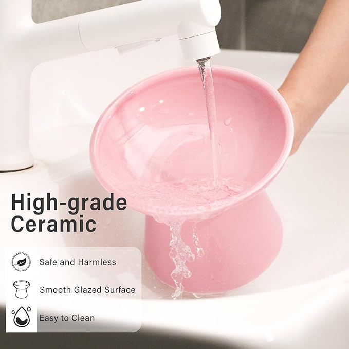 CEEFU Extra Wide Elevated Ceramic Cat Water Bowl - 6.2" Deeper Dish for Whisker Fatigue Relief, 5" Height for Easy Feeding, Lead & Cadmium Free, Durable Raised Cat Bowls, Pink