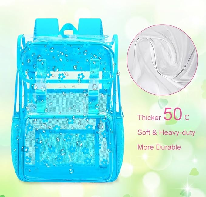 17" Plum Blossom Clear Backpack for Girls - 3Pcs Flip Design Stadium Approved Set, Campus/School Transparent Bookbag (Blue)