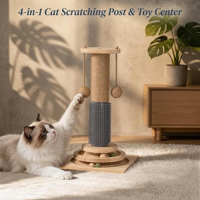 4-in-1 Solid Wood Cat Scratching Post with Self-Groomer, Natural Sisal Scratching Post with 2-Level Track Ball Toy, Interactive Cat Tree & Furniture Protector for Indoor Cats Large Size
