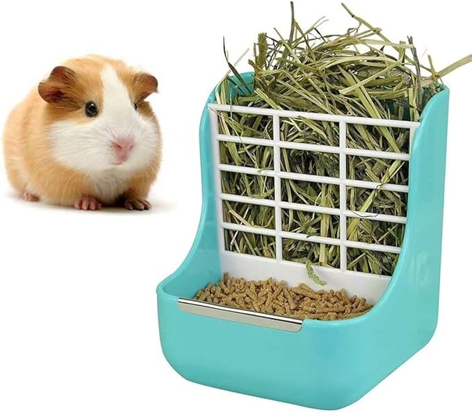 Rabbit Supplies with Bowl & Hay Feeder - Accessories for Bunnies & Guinea Pigs, 6x6x7 Inches (Blue)