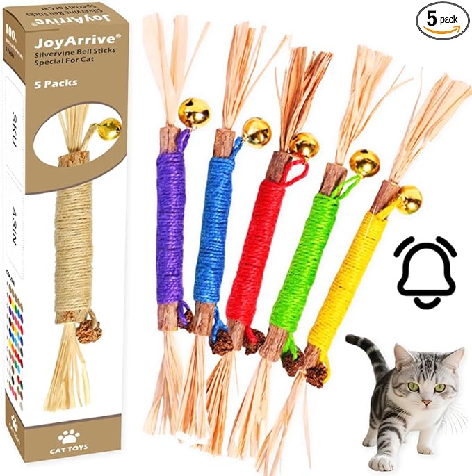 Natural Dried Matatabi Cat Chew Stick with Gall Fruit, Raffia Grass & Bell Cat Ball Toys, Handmade Silvervine Sticks Interactive Catnip Toy for Teething & Entertainment (Size M Color B)