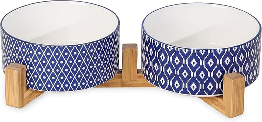 Selamica Ceramic 30 OZ Dog Bowls, Dog Food and Water Bowls with Wooden Stand, Anti-Slip Dogs Dishes Set for Cats Small & Medium Sized Dogs, Weighted Pet Bowls Set of 2, Vintage Blue A
