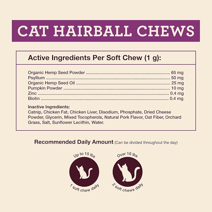 Hemp Well Cat Hairball Soft Chews for Cats, Hairball Control & Digestive Support, Organic Hemp Seed Powder, Pumpkin Seed & Psyllium Fiber, Skin & Coat Support, Chicken Cheese & Catnip Flavor, 120 Ct