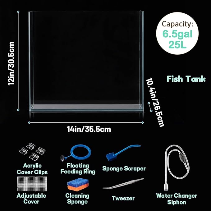 LAQUAL 6.5 Gallon Ultra Clear Glass Fish Tank, Rimless Low Iron Aquarium for Betta/Nano/Goldfish/Snail/Shrimp, Fish Tank & Cover Set & Feeding Ring & Cleaning Tools