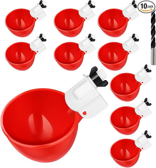 Automatic Chicken Waterer Cups,10 Pack Large Chicken Water Feeder, Universal Tee Fittings Poultry Feeder Cups Suitable for Chicken, Duck, Goose, Turkey with Mounting Hole Opener